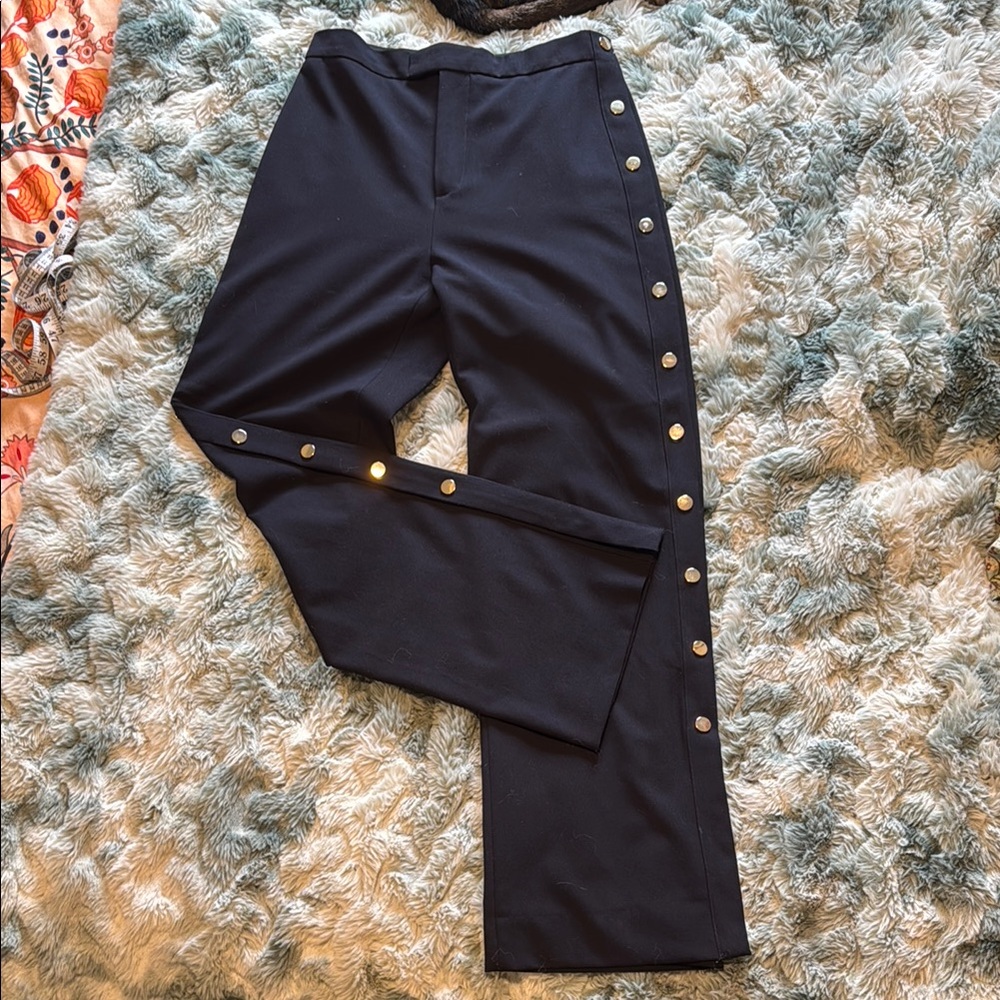 Navy Button-Side High-waisted Trousers